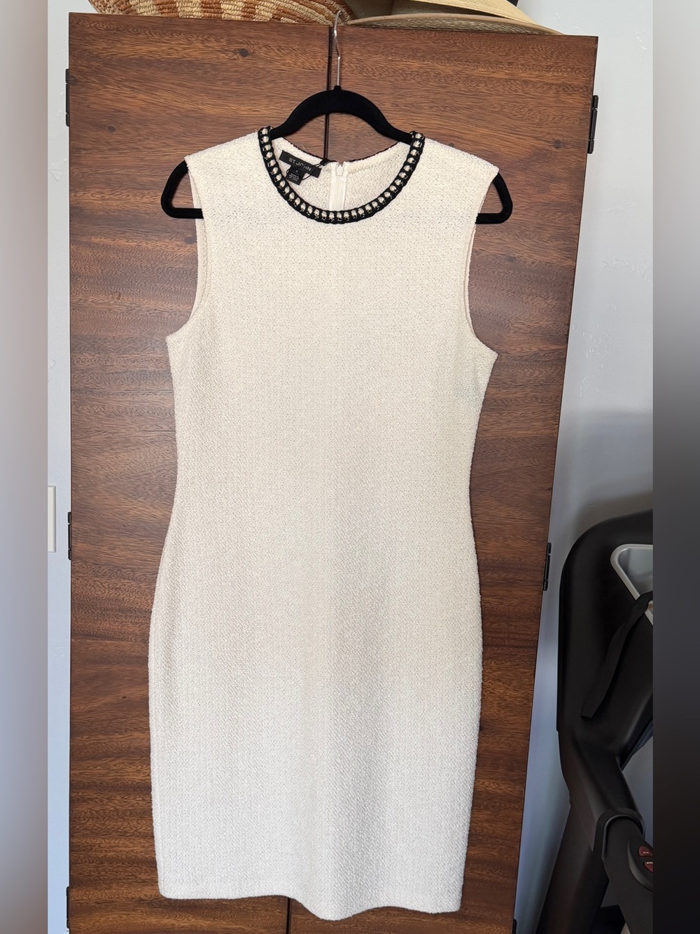 St. John Cream Midi Sheath Dress with Beaded Neckline - Size 10, New With Tags